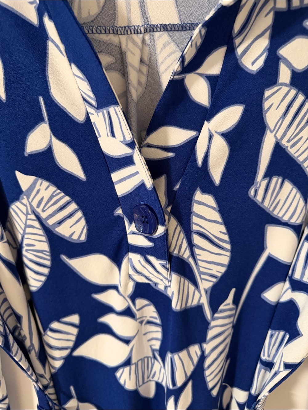Mlle Gabrielle Royal Blue & White Leaf Print Belted Shirt Dress 3/4 Sleeve Large - Picture 3 of 7